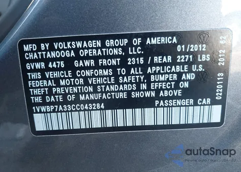 2012 Volkswagen Passat 2.5L Se from USA, damaged, VIN 1VWBP7A33CC043284